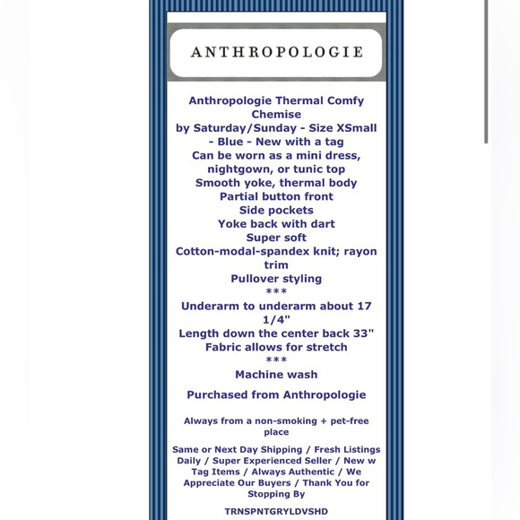 $118 Anthropologie Thermal Chemise / Dress XSmall 0 2 Navy Blue Comfy Soft Modal - Picture 2 of 16